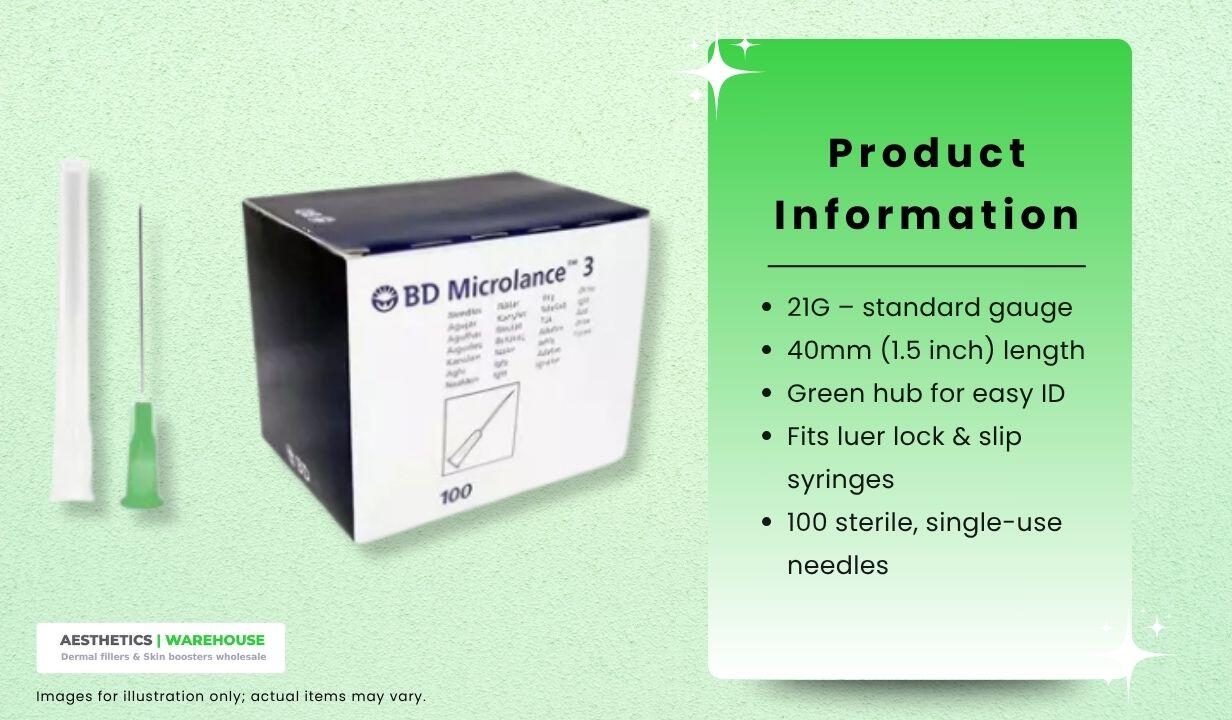 21G 1 1.5 (40mm) Needle (Green) x 100 - 3