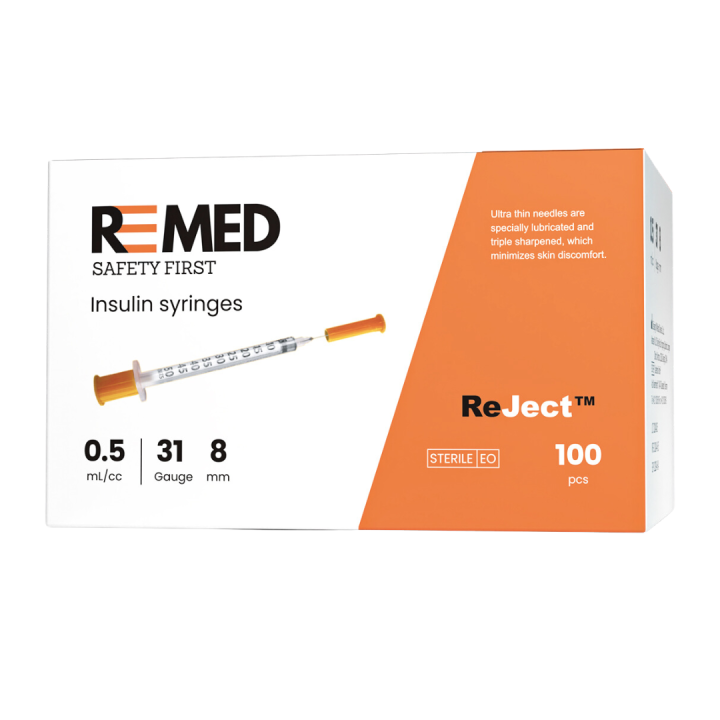 100 x ReMed Insulin Syringe 0.5 ml U-100 (31 G x 8 mm)
