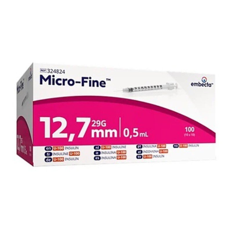 Micro-Fine U100 Fixed Needle Syringe, 0.5 mL, 29G x 12.7 mm, Box of 100 (BD/Embecta) Image