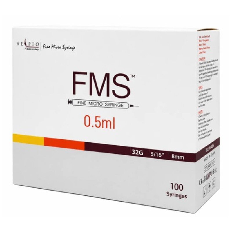 FMS (Fine Micro Syringe) 32G - 0.5ml - 8mm ultra-fine, medical-grade needles - Box of 100 Image