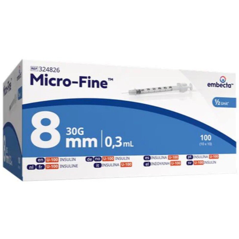 BD (Embecta)Micro-Fine Demi U100 0.3ml Syringe 0.30mm (30G) x 8mm - Box of 100 (Ref: 324826)