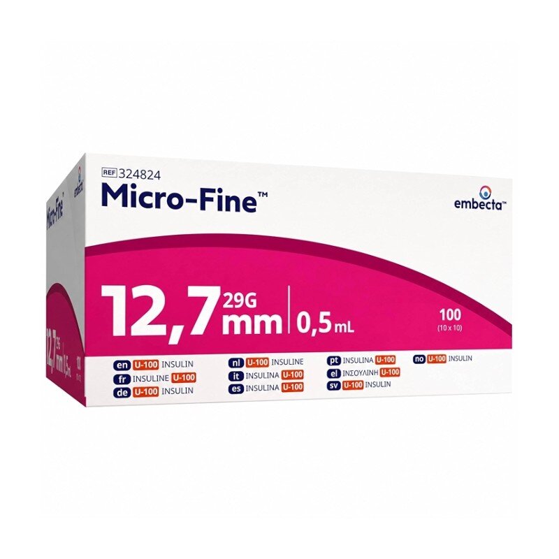 BD (Embecta) Micro-Fine Plus U100 0.5ml Syringe 0.33mm (29G) x 12.7mm - Box of 100 (Ref: 324824)