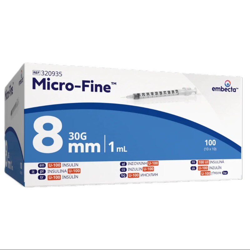 BD (Embecta) Micro-Fine Plus U100 1ml Syringe 0.30mm (30G) x 8mm - Box of 100 (Ref: 320935)