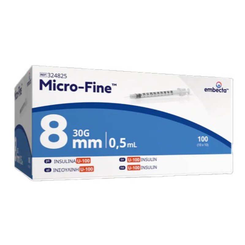 BD (Embecta) Micro-Fine Plus U100 0.5ml Syringe 0.30mm (30G) x 8mm - Box of 100 (Ref: 324825)