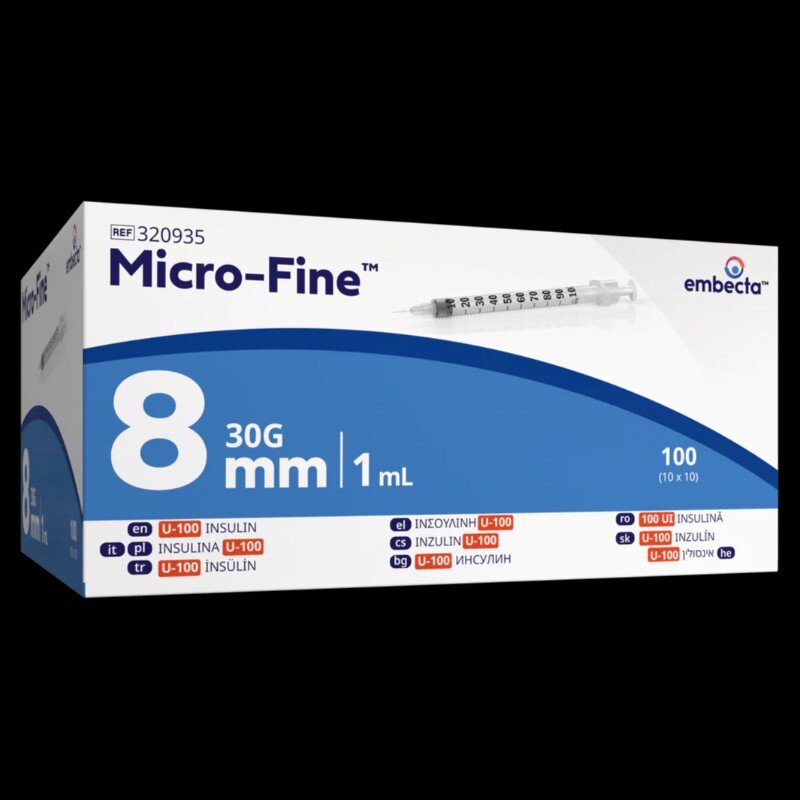 BD Micro-Fine Plus U100 1ml Syringe 0.30mm (30G) x 8mm - Box of 100 (Ref: 320935)